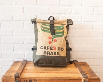 Recycled Coffee Bean Sack Rolltop Backpack – Brazilian Burlap Travel and daily use Bag