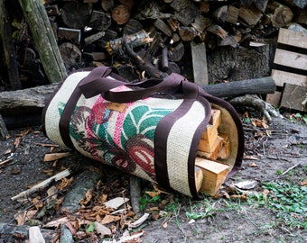 Personalized Upcycled Coffee Bag Firewood Carrier: Rustic Handmade Log Bag