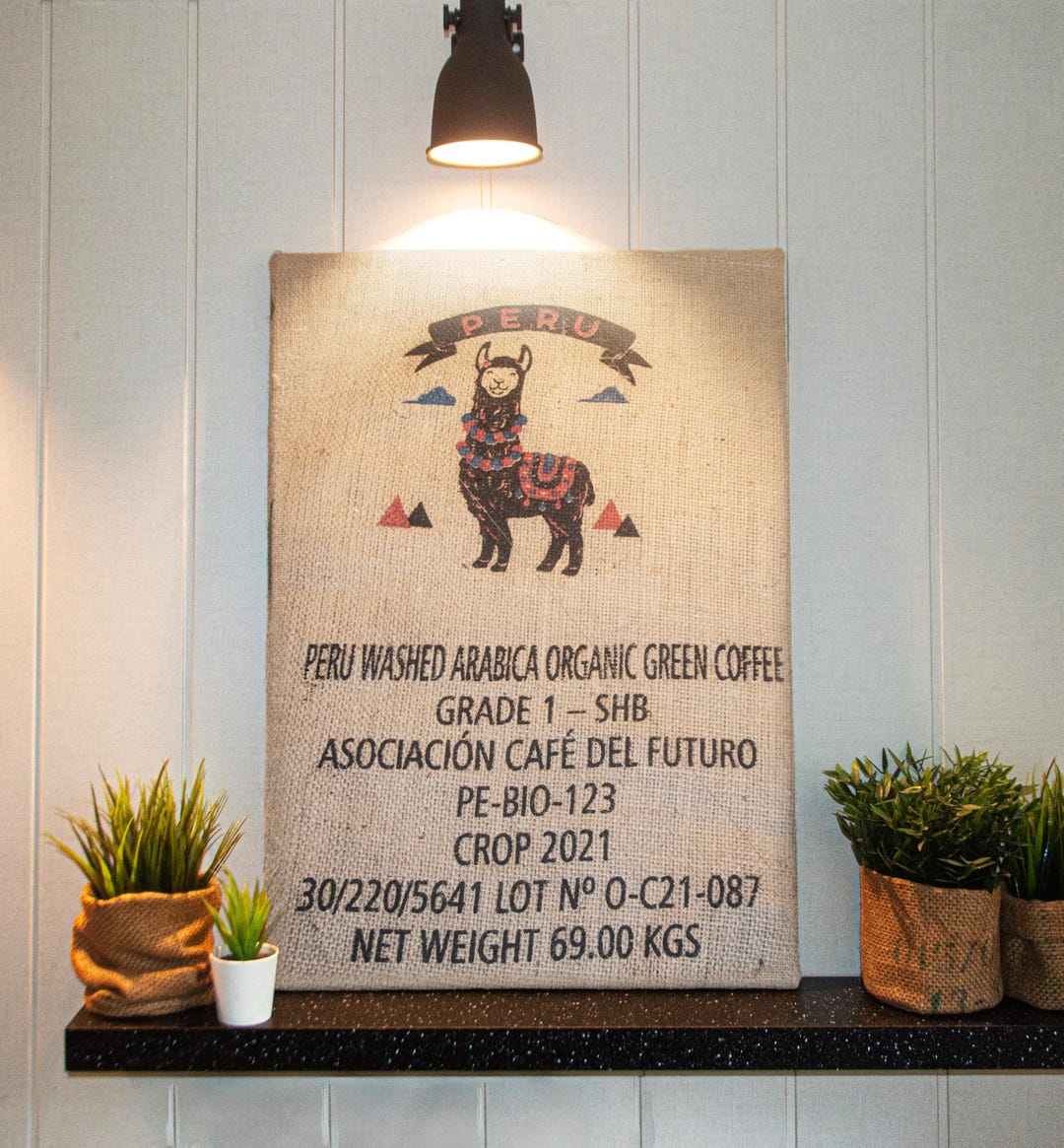 Peru Coffee Sack Wall Art With Llama Upcycled Burlap Rustic Eco peru-coffee-sack-wall-art-with-llama-upcycled-burlap-rustic-eco