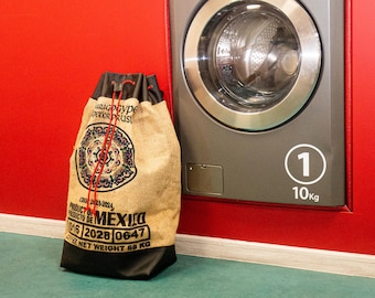 Extra large Mandala hanging Laundry Hamper Upcycled Mexican coffee bag Drawstring closure Adjustable straps