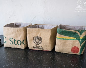 Burlap Coffee Sack Square Basket Set: Upcycled Fabric Storage Bin 15/15/15cm