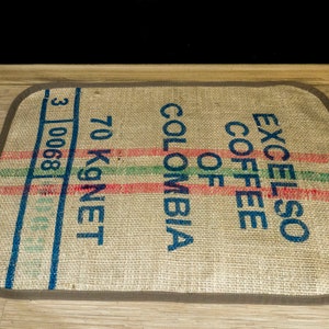 Upcycled placemat made of authentic Colombia coffee bag.  Rug for living room Zero Waste homemade coffee fun gift