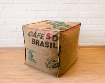 Upcycled Burlap Pouf Cover with Brasilian print: Rustic Coffee Sack Ottoman COVER ONLY