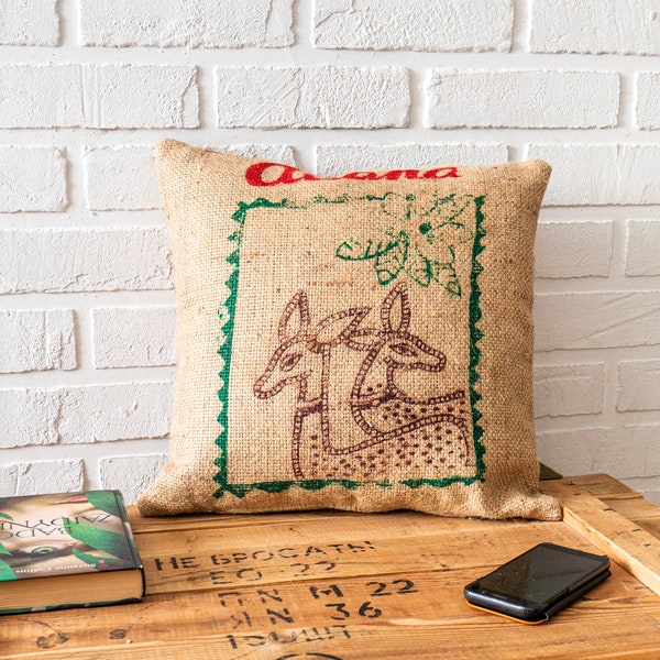 Upcycled Burlap Coffee Sack Pillow – Roe Deer Print, Rustic Decor