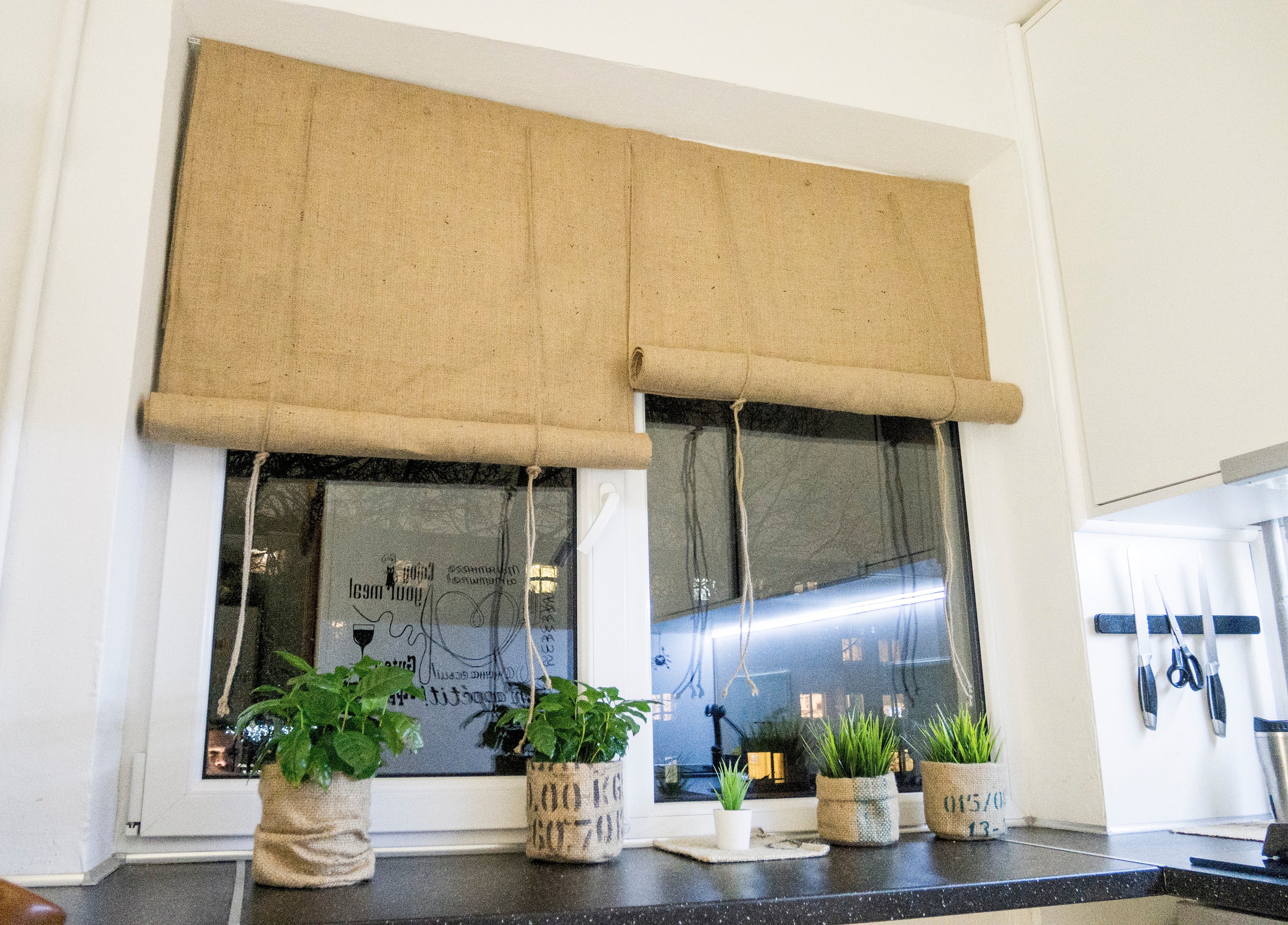 Store classique enroulable en toile de jute personnalisé avec ficelles en corde Rideaux champêtres faits main Nuances de décoration rustiques