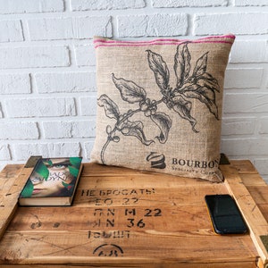 Burlap Coffee Plant Pillow: Rustic Boho Cushion Cover (18"x18")