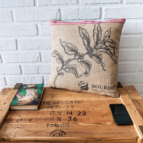 Burlap Coffee Plant Pillow: Rustic Boho Cushion Cover (18"x18")