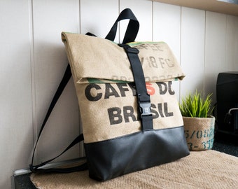 Jute Roll Top Rucksack Upcycled Rucksack aus echtem Kaffeesack Rustikaler recycelter Tornister