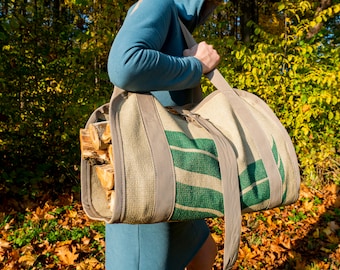 Popular log carrier firewood holder Handmade wood bag made of coffee sack Rustic gift for zero waste or coffee fun