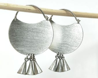 Large ethnic earrings in 925 silver with satin finish, Mapuche ethnic earrings, Mapuche, gift for her, tribal design hoop, bohemian earrings