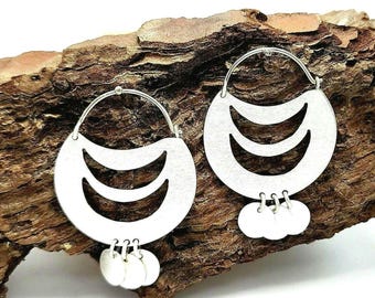 Tribal earrings in 925 with satin finish, Mapuche earrings, large earrings, tribal jewelry, Mapuche, gift for her, boho hoops, ethnic hoops,