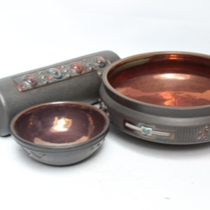 Vase, bowl and small bowl, ceramics with eosine, Hungarian ceramic, decorated with metallic copper color