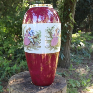 Large hand-decorated porcelain vase, Chodzież Polska, signed, 1960s, Lovers vase, Girl and boy painting