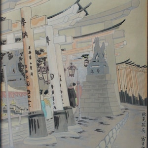 Tomikichiro Tokuriki: Fushimi Inari - Seichi shiseki meisho, xilografía antigua firmada, excelente versión del autor en marco de bambú