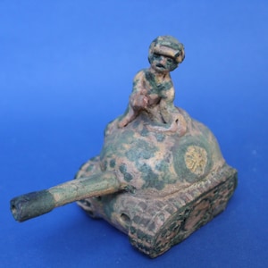 Clay sculpture, tank and tanker, authentic folk art from the Polish countryside. Military inspired tank sculpture.