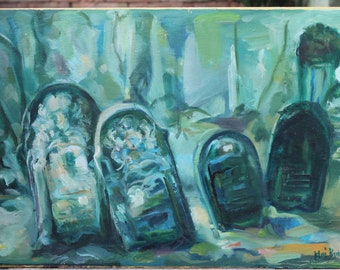 Judaica, de Joodse begraafplaats in Oost-Polen (Szydłowiec), olieverfschilderij op een houten bord, gesigneerd