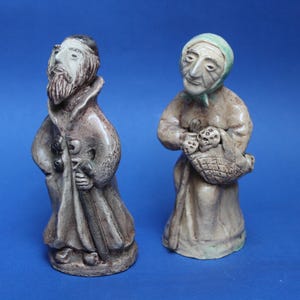 Judaica. A Jew with a stick and a Jewish woman with mushrooms, two ceramic figures. Folk pottery. Handmade, perfect condition. FREE SHIPPING