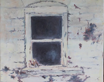 Sparrow. Original acrylic painting on canvas. Sparrows on the window. Old house