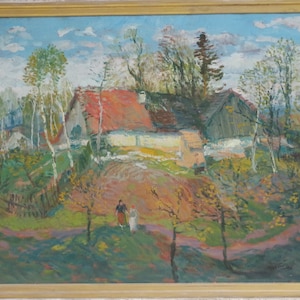Josef Konecny, Czech painter, rural landscape, spring, oil painting on board, signed, in original original frame.
