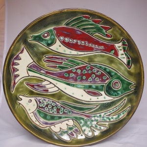 Kravsko Czechoslovakia, ceramic plate with fish, decorative plate, handicraft, painted with glaze