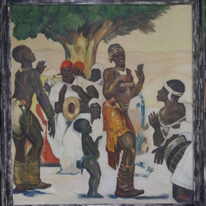 African history, Colonial Africa 1935. Belgian Congo. African dance and music. Original oil painting on board.