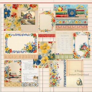 May include: Eight digital paper pages with a schoolhouse theme. The pages feature floral borders, a schoolhouse, books, and a school alphabet chart. The pages are perfect for scrapbooking, card making, and other paper crafts.