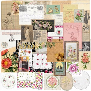 Vintage Ephemera Pack 23 Digital Junk Journal Kit Includes Vintage Linens Ledger Paper Antique Papers Ads Labels Tag And More 30+ Pcs