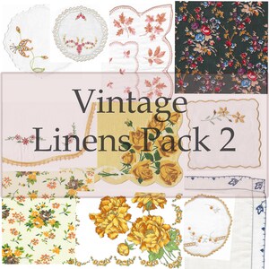 Pacote de linho vintage digital com 2 lenços de linho bordados para impressão, cartões de registro no diário, guardanapo para impressão