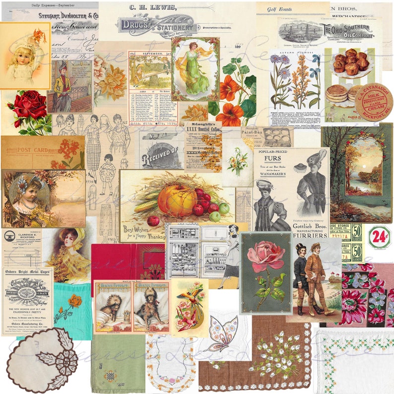 Vintage Ephemera Pack 24 Digital Junk Journal Kit Includes Vintage