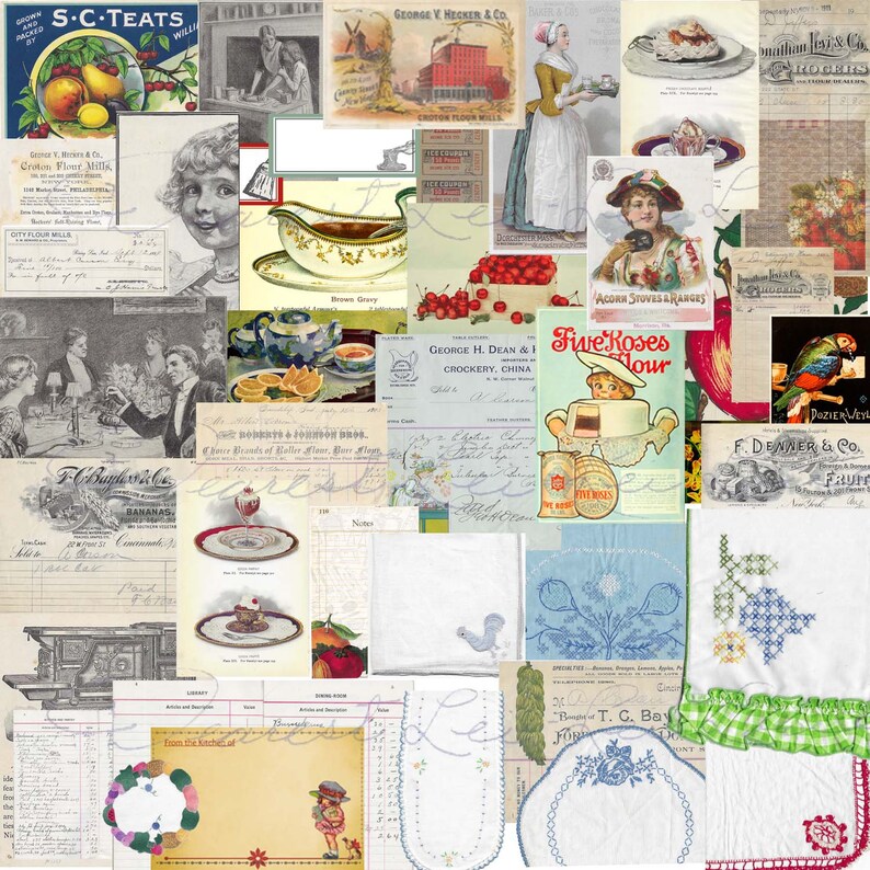Vintage cocina comida temática digital kit basura diario Ephemera Papeles de contabilidad Vintage ropa de cama anuncios y más 30 + pcs imagen 1