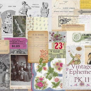 Vintage Ephemera Pack 11 Digital Printable Vintage Linens Postcards Handwritten Script Antique Papers Trading Cards Tags Vintage Ads & More