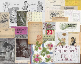 Vintage Ephemera Pack 11 Digitale Afdrukbare Vintage Beddengoed Ansichtkaarten Handgeschreven Script Antieke papieren trading cards tags Vintage advertenties & meer