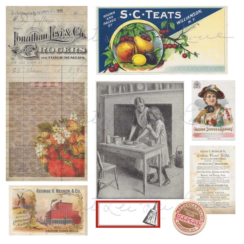 Puede incluir: Un collage vintage de im&aacute;genes que incluyen un recibo de una tienda de comestibles, un anuncio vintage de fruta S.C. Teats, una ilustraci&oacute;n en blanco y negro de dos mujeres horneando en una cocina, un anuncio vintage de estufas y hornos Acorn, un anuncio vintage de George V. Hecker & Co. Croton Flour Mills, un anuncio vintage de leche de chocolate Vanilla Dairy y un anuncio vintage de George V. Hecker & Co. Croton Flour Mills.