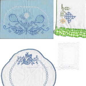 Puede incluir: Tres cuadrados de tela bordados. El primer cuadrado es azul claro con un dise&ntilde;o floral blanco y azul. El segundo cuadrado es blanco con un dise&ntilde;o de punto de cruz verde y azul y un borde de cuadros verdes y blancos. El tercero es blanco con un dise&ntilde;o floral azul y un borde de encaje blanco.
