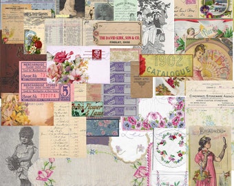 Vintage Ephemera Pack 14 Digital Junk Journal Kit Includes Vintage Linens Ledger Paper Antique Papers Ads Labels Tag And More 30+ Pcs