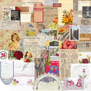 Confezione Ephemera vintage da 21 kit di diario digitale spazzatura, che include biancheria vintage, carta registro, documenti antichi, annunci, etichette, etichette e altro ancora, oltre 30 pezzi.