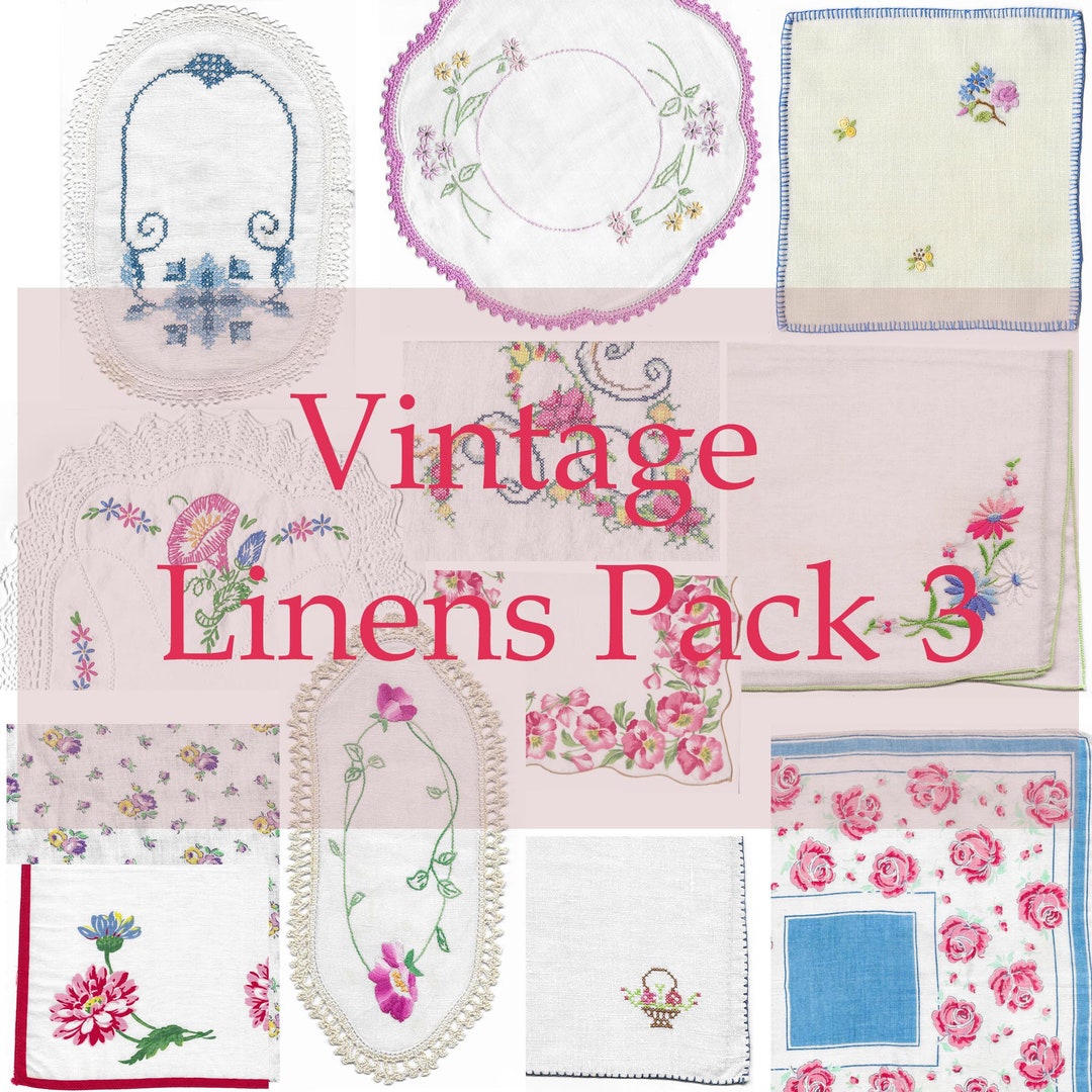 Digital Vintage Linens Pack 3 Printable Embroidered Linens Hankies