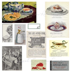 Puede incluir: Un collage de im&aacute;genes vintage que representan una variedad de temas, incluyendo una tetera con un dise&ntilde;o de globo terr&aacute;queo, una estufa, un taz&oacute;n de cerezas, un postre con salsa de chocolate y una mujer con un vestido. Las im&aacute;genes est&aacute;n en blanco y negro y en tonos sepia, y tienen un toque nost&aacute;lgico.