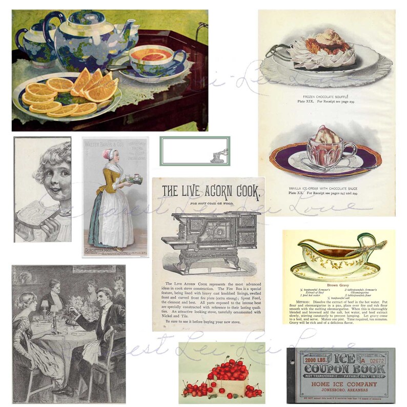 Puede incluir: Un collage de im&aacute;genes vintage que representan una variedad de temas, incluyendo una tetera con un dise&ntilde;o de globo terr&aacute;queo, una estufa, un taz&oacute;n de cerezas, un postre con salsa de chocolate y una mujer con un vestido. Las im&aacute;genes est&aacute;n en blanco y negro y en tonos sepia, y tienen un toque nost&aacute;lgico.
