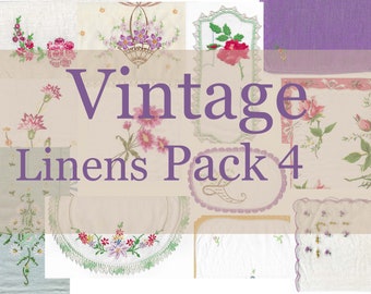 Digital Vintage Linens Pack 4 Printable Embroidered Linens Hankies, Journaling Cards, Printable Doily