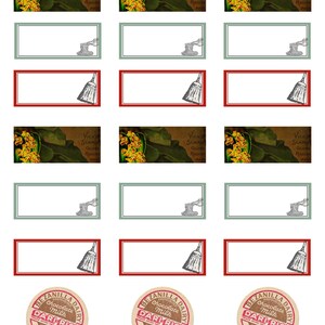 Puede incluir: Un conjunto de etiquetas imprimibles con un dise&ntilde;o vintage con un motivo floral y una ilustraci&oacute;n de escoba. Las etiquetas son de varios colores, incluyendo rojo, verde y marr&oacute;n. Las etiquetas est&aacute;n en blanco y se pueden usar para una variedad de prop&oacute;sitos, como etiquetar frascos, botellas u otros contenedores. Las etiquetas tambi&eacute;n incluyen el texto "Vick's Scarle Globe Radia" y "Bezanilla Dairy Pasteurized Chocolate Milk Dari Rich Carthage, N.Y."