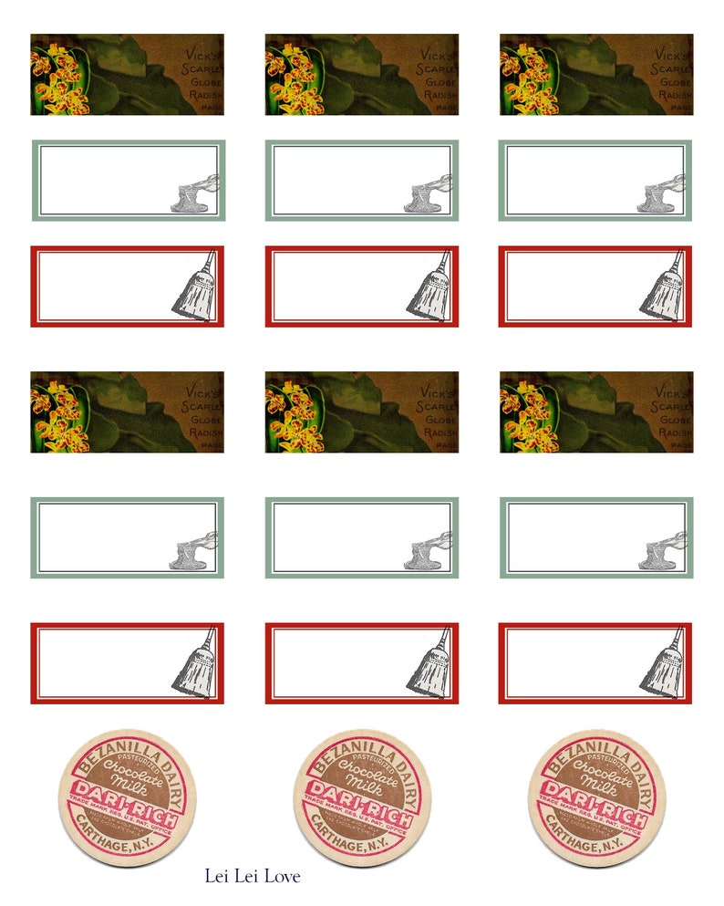 Puede incluir: Un conjunto de etiquetas imprimibles con un dise&ntilde;o vintage con un motivo floral y una ilustraci&oacute;n de escoba. Las etiquetas son de varios colores, incluyendo rojo, verde y marr&oacute;n. Las etiquetas est&aacute;n en blanco y se pueden usar para una variedad de prop&oacute;sitos, como etiquetar frascos, botellas u otros contenedores. Las etiquetas tambi&eacute;n incluyen el texto "Vick's Scarle Globe Radia" y "Bezanilla Dairy Pasteurized Chocolate Milk Dari Rich Carthage, N.Y."