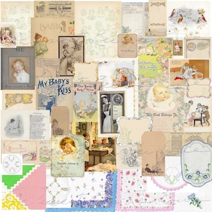 Pacote de coisas efêmeras vintage 33 Kit temático para bebês Papéis de bebê Cartões de diário para impressão vintage lençóis 35 + peças