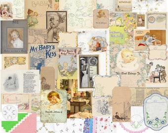 Vintage Ephemera Pack 33 Kit temático para bebés Papeles para bebés Tarjetas de diario Ropa de cama imprimible vintage 35+ piezas
