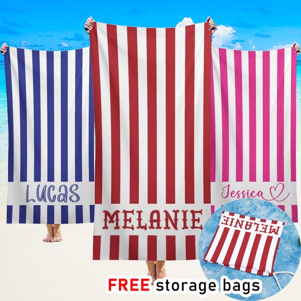 Custom Striped Beach Towel, Custom Name Bath Towel, Custom Pool Towel, Beach Towel With Name, Outside Vacation Gift, Vertical Lines Printed