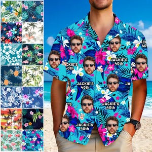 May include: A blue and pink Hawaiian shirt with a repeating pattern of flowers, leaves, and a person's face. The shirt has a button-up collar and short sleeves. The text "Jackie's 40th" is repeated on the shirt.