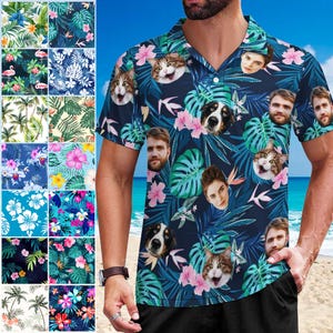 May include: A blue and green Hawaiian shirt with a tropical print featuring various animals and faces. The shirt has a button-up collar and short sleeves.