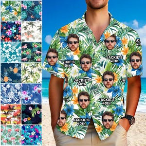 May include: A white button-down shirt with a tropical print featuring green leaves, flowers, and multiple faces. The text "Jackie's 40th" is repeated throughout the shirt.