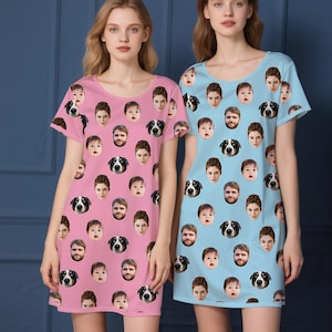 Custom Face Pajama Dress: Personalized Women&#39;s Cotton Nightgown