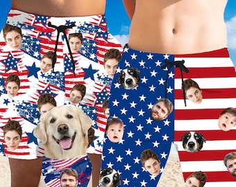 Personalized USA Flag Swim Trunks: Custom Face Hawaiian Shorts, 250th Anniversary Beach Shorts
